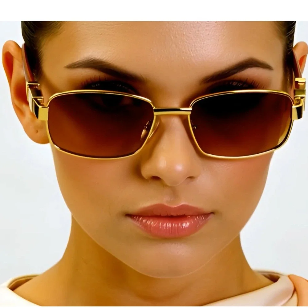 Gold Frame‎ Sunglasses Wood Arms Rectangular Lens Women Fashion Eyewear Trendy